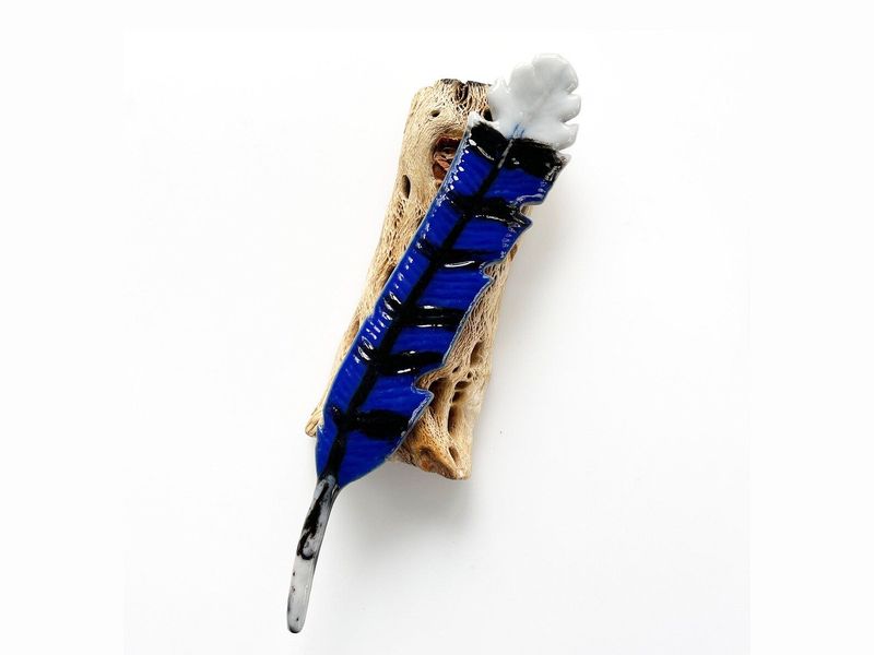 Glass Blue Jay Feather on Cholla, Wall Art, Unique Gift, Shipping Included