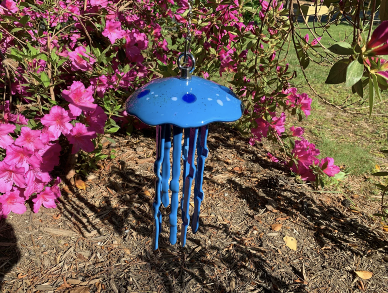 Handmade Fused Glass Blue Jellyfish Wind Chime with Hanging Chain, Beach & Home Decor