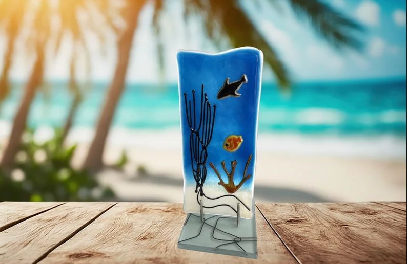 Coral Reef Glass Panel with Stand, Beach Decor, Unique Gift
