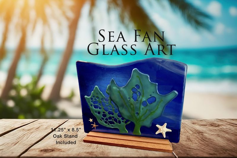 Sea Fans, Starfish Decorative Glass Art, Oak Stand Included