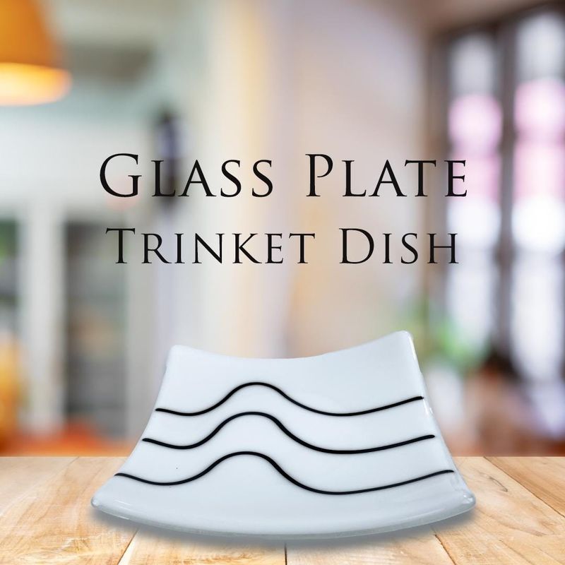 White Glass Plate with Black Wave Lines, Trinket Dish