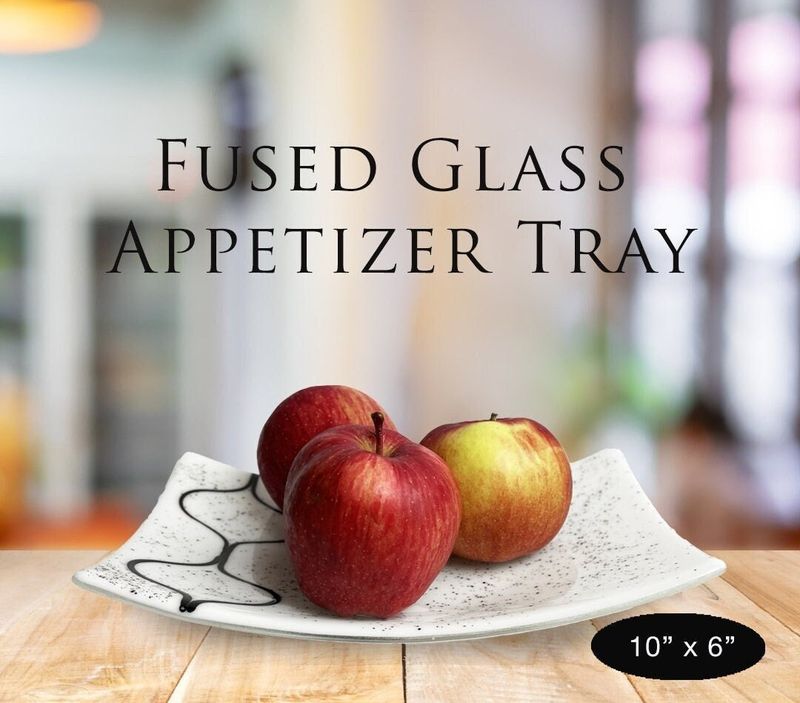 Contemporary Black White Fused Glass Line Art Appetizer Tray