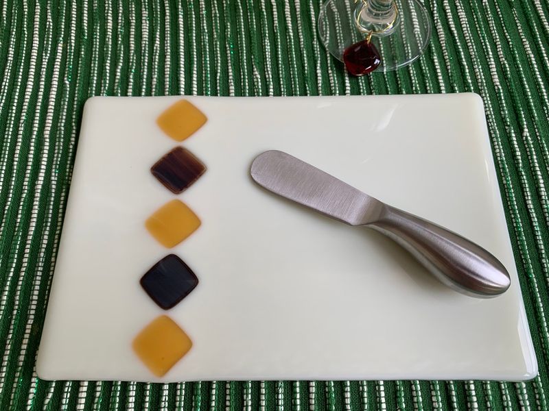 Fused Glass Cheese Board with Spreader: Autumn Diamond Design