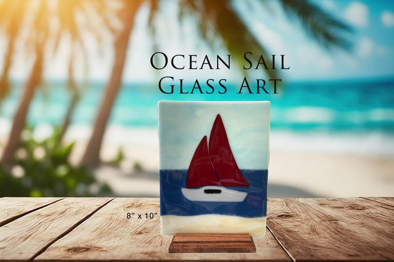 Ocean View Sailboat with Oak Stand, Fused Glass Art, Beach Decor