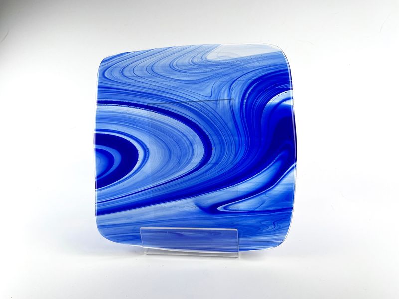 Blue Swirl Glass Square Plate, Sushi Dish, Glass Art