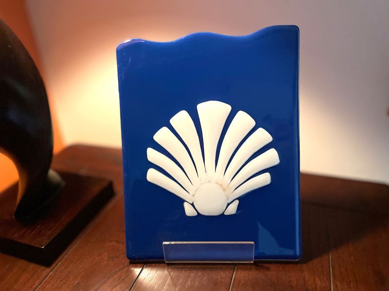 Scallop Shell on Blue Wave, Fused Glass Art with Oak Stand