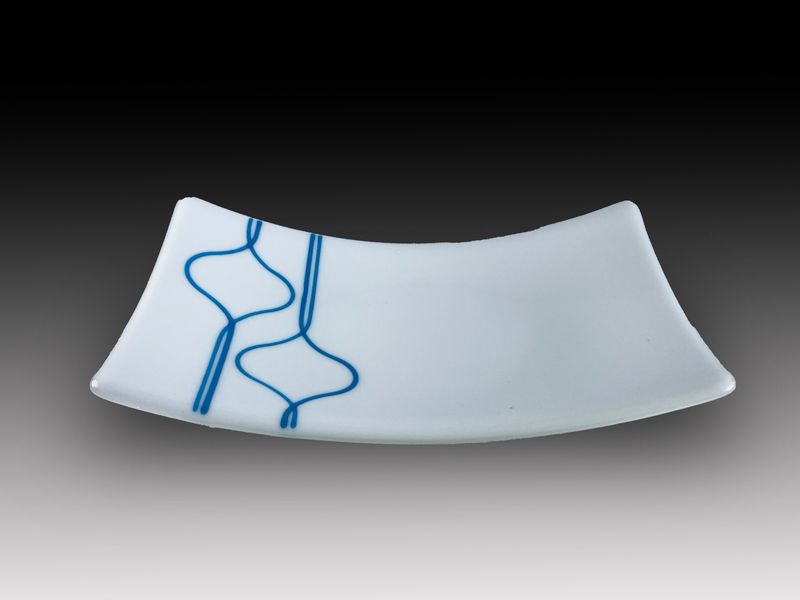 Contemporary Blue White Fused Glass Line Art, Appetizer-Dessert Tray