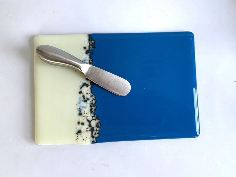 Fused Glass Cheese Board with Stainless Steel Spreader: Blue & White Serving Plate