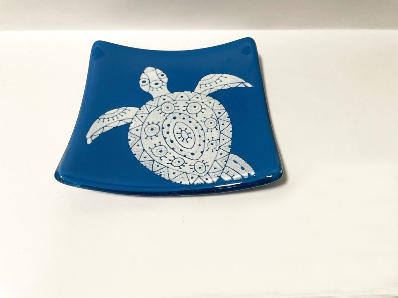 Turtle Fused Glass Plate, Trinket Dish, Soap Dish, Art Glass