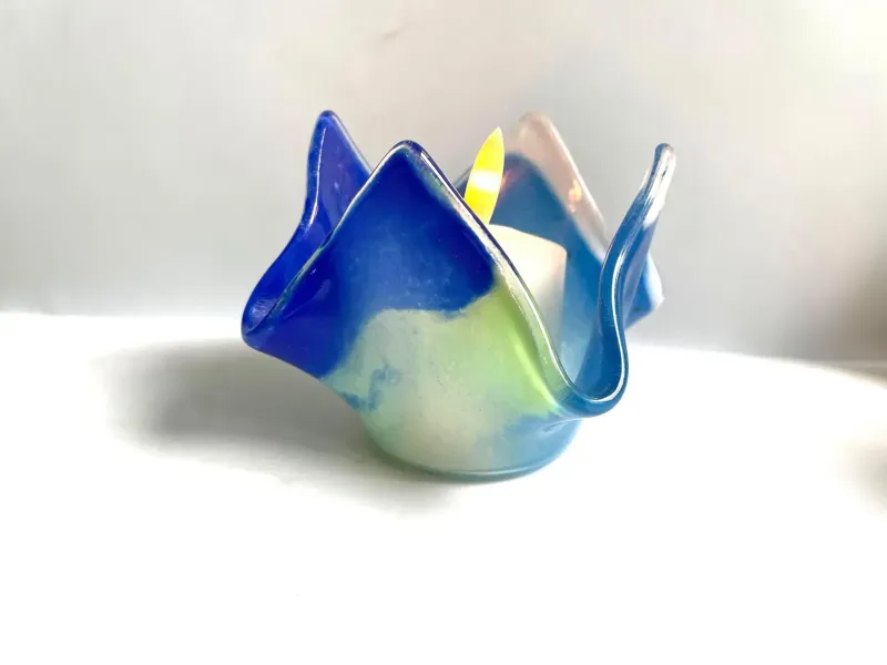 Tidepool Glow — One-of-a-Kind Fused Glass Candleholder, Coastal Blue & Green