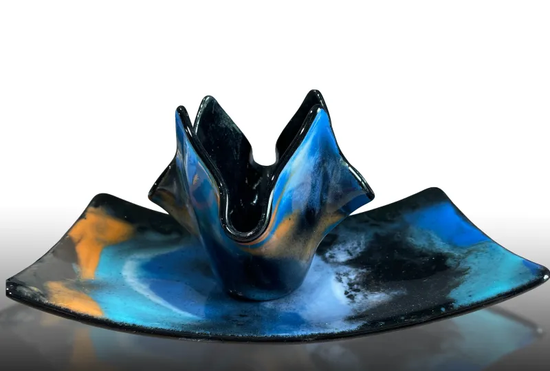 ​Fused Glass Black Candle Holder and Tray, Cobalt Blue Amber Sculptural Votive