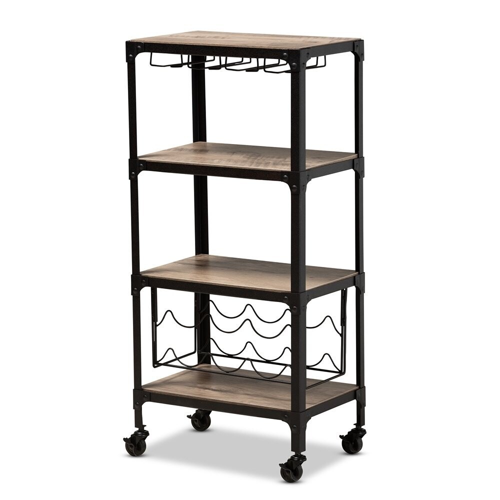 BAXTON STUDIO SWANSON RUSTIC INDUSTRIAL STYLE ANTIQUE BLACK TEXTURED METAL DISTRESSED OAK FINISHED WOOD MOBILE KITCHEN BAR WINE CART