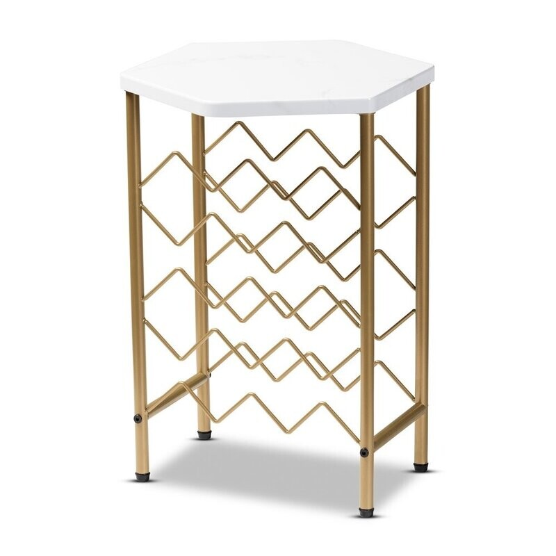 BAXTON STUDIO PHOEBE MODERN AND CONTEMPORARY GOLD FINISHED METAL WINE RACK WITH FAUX MARBLE TABLETOP