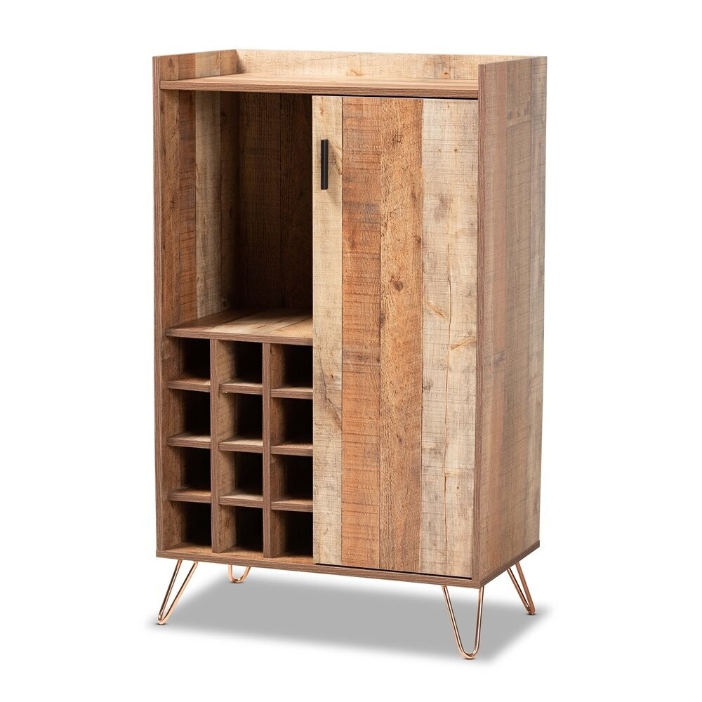 BAXTON STUDIO MATHIS MODERN AND CONTEMPORARY RUSTIC BROWN FINISHED WOOD AND ROSE GOLD FINISHED METAL WINE STORAGE CABINET