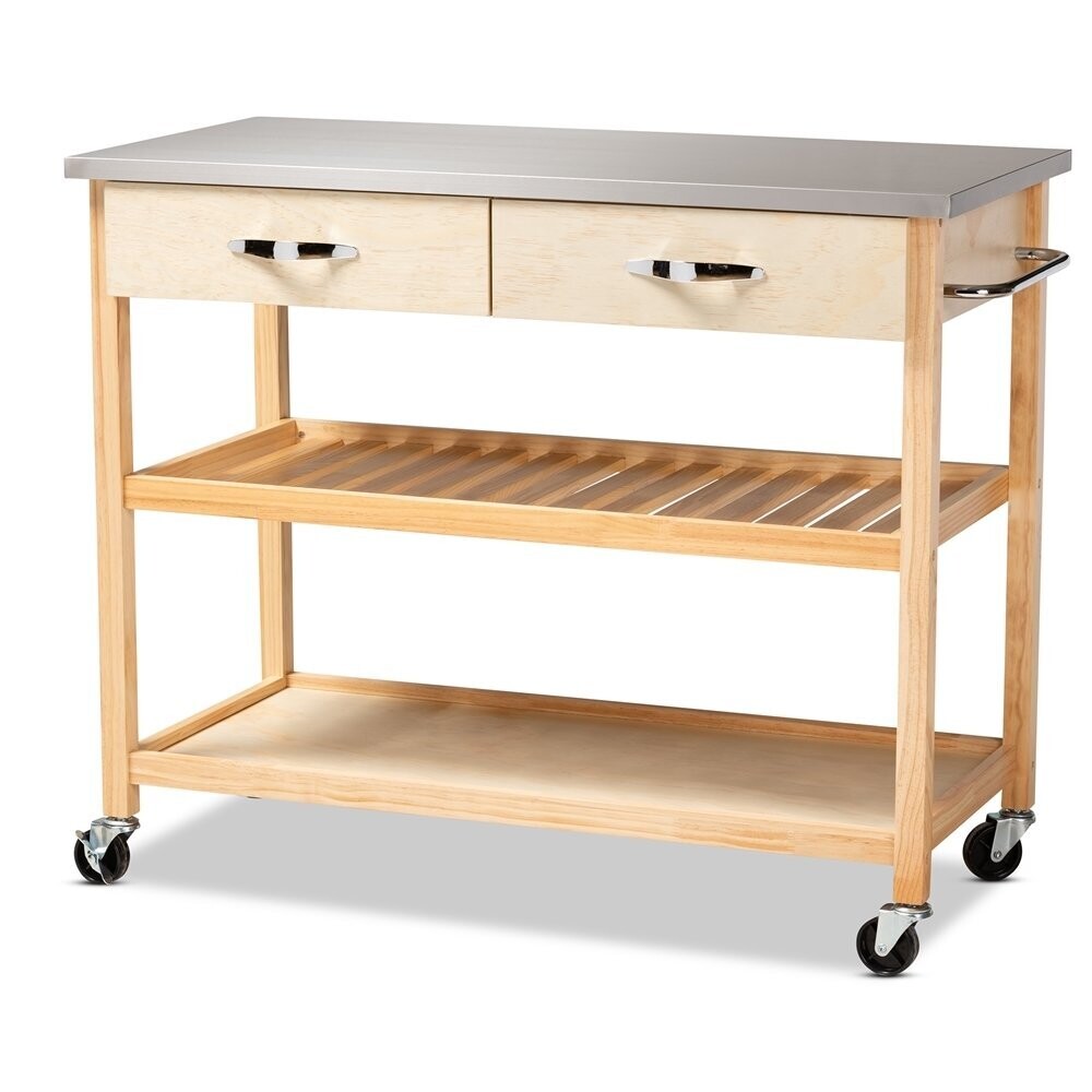 BAXTON STUDIO CRESTA MODERN AND CONTEMPORARY PINE WOOD AND STAINLESS STEEL 2-DRAWER KITCHEN ISLAND UTILITY STORAGE CART