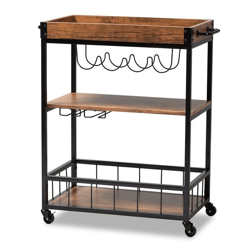 BAXTON STUDIO CERNE VINTAGE RUSTIC INDUSTRIAL OAK BROWN AND BLACK FINISHED MOBILE METAL BAR CART WITH WINE BOTTLE RACK