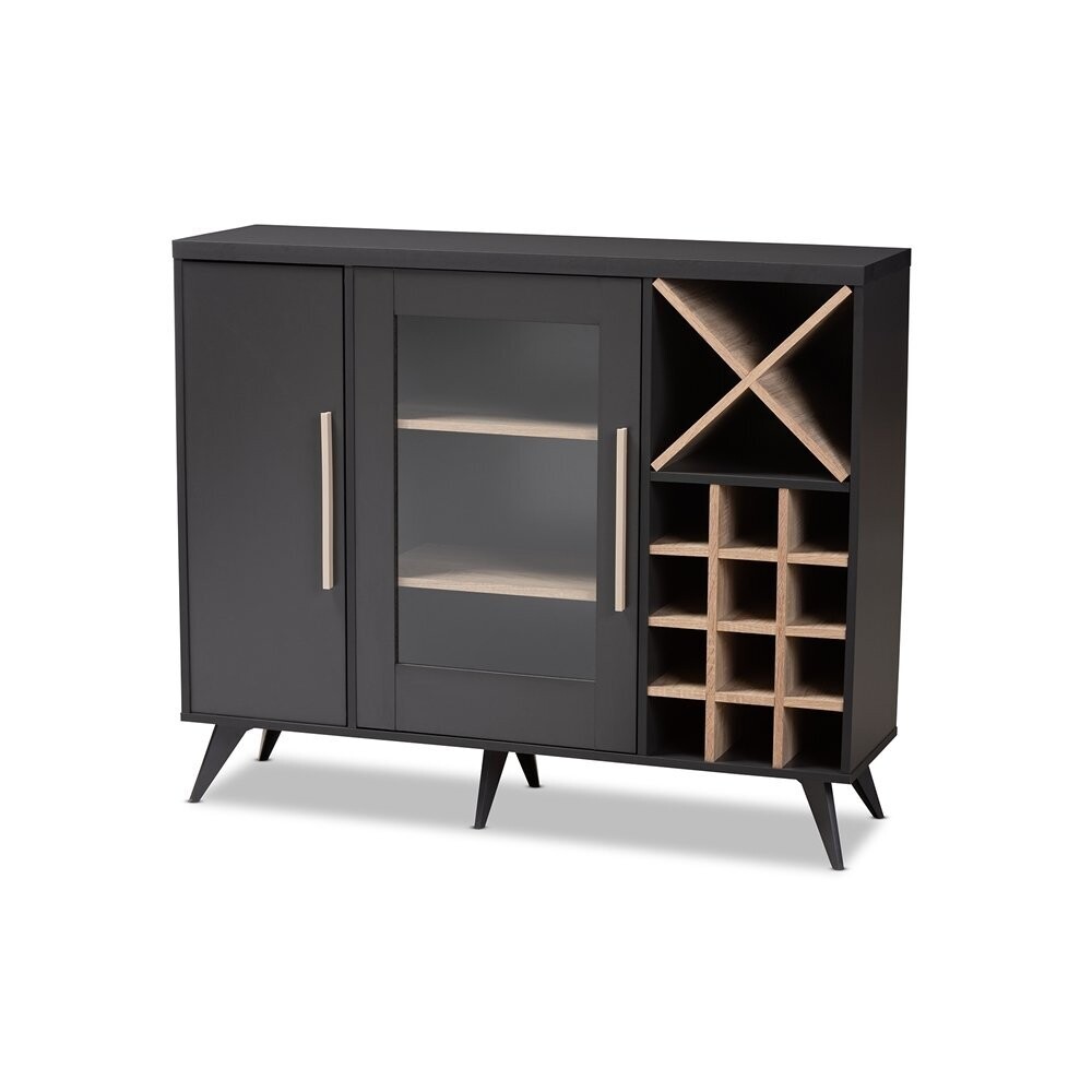 BAXTON STUDIO PIETRO MID-CENTURY MODERN DARK GREY AND OAK FINISHED WINE CABINET