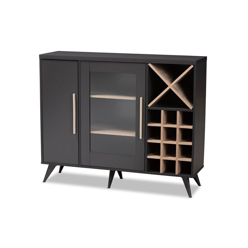 BAXTON STUDIO PIETRO MID-CENTURY MODERN DARK GREY AND OAK FINISHED WINE CABINET