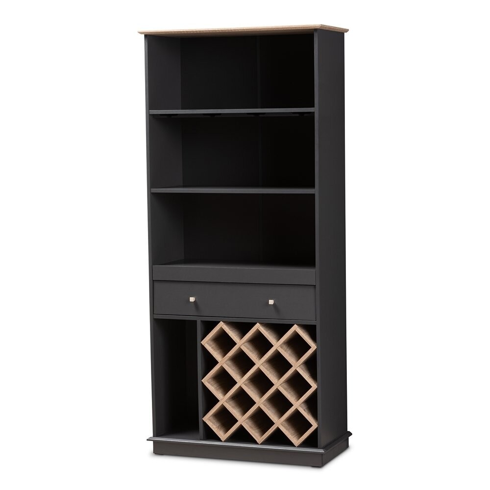 BAXTON STUDIO MATTIA MODERN AND CONTEMPORARY DARK GREY AND OAK FINISHED WOOD WINE CABINET