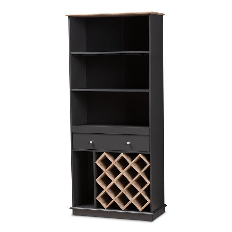 BAXTON STUDIO MATTIA MODERN AND CONTEMPORARY DARK GREY AND OAK FINISHED WOOD WINE CABINET