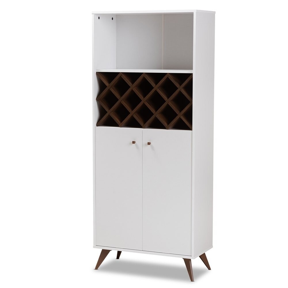 BAXTON STUDIO SERAFINO MID-CENTURY MODERN WHITE AND WALNUT FINISHED WOOD WINE CABINET