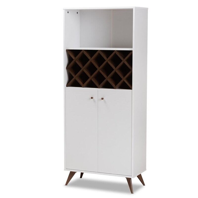 BAXTON STUDIO SERAFINO MID-CENTURY MODERN WHITE AND WALNUT FINISHED WOOD WINE CABINET