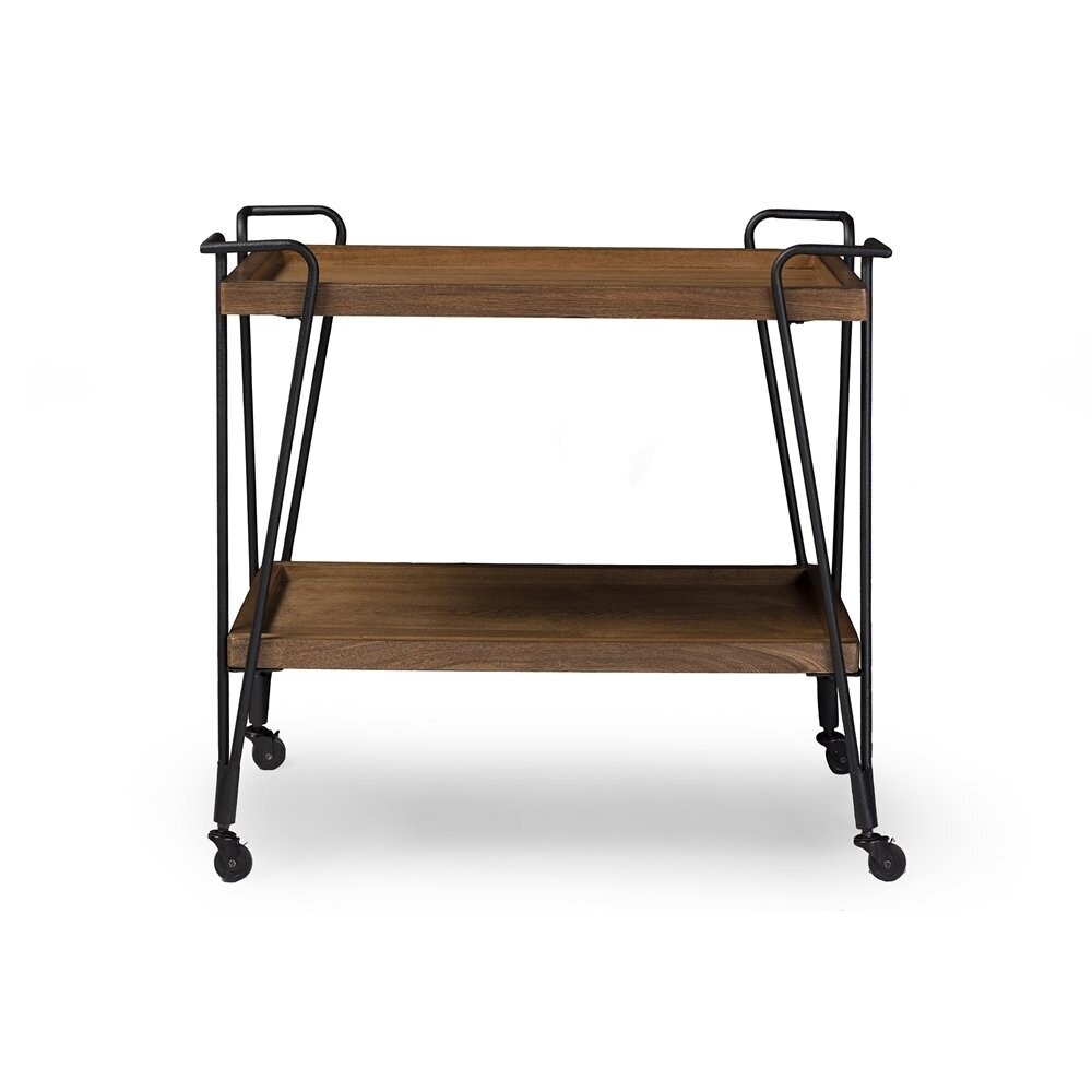 BAXTON STUDIO RUSTIC INDUSTRIAL STYLE ANTIQUE BLACK TEXTURED FINISH METAL DISTRESSED ASH WOOD MOBILE SERVING BAR CART