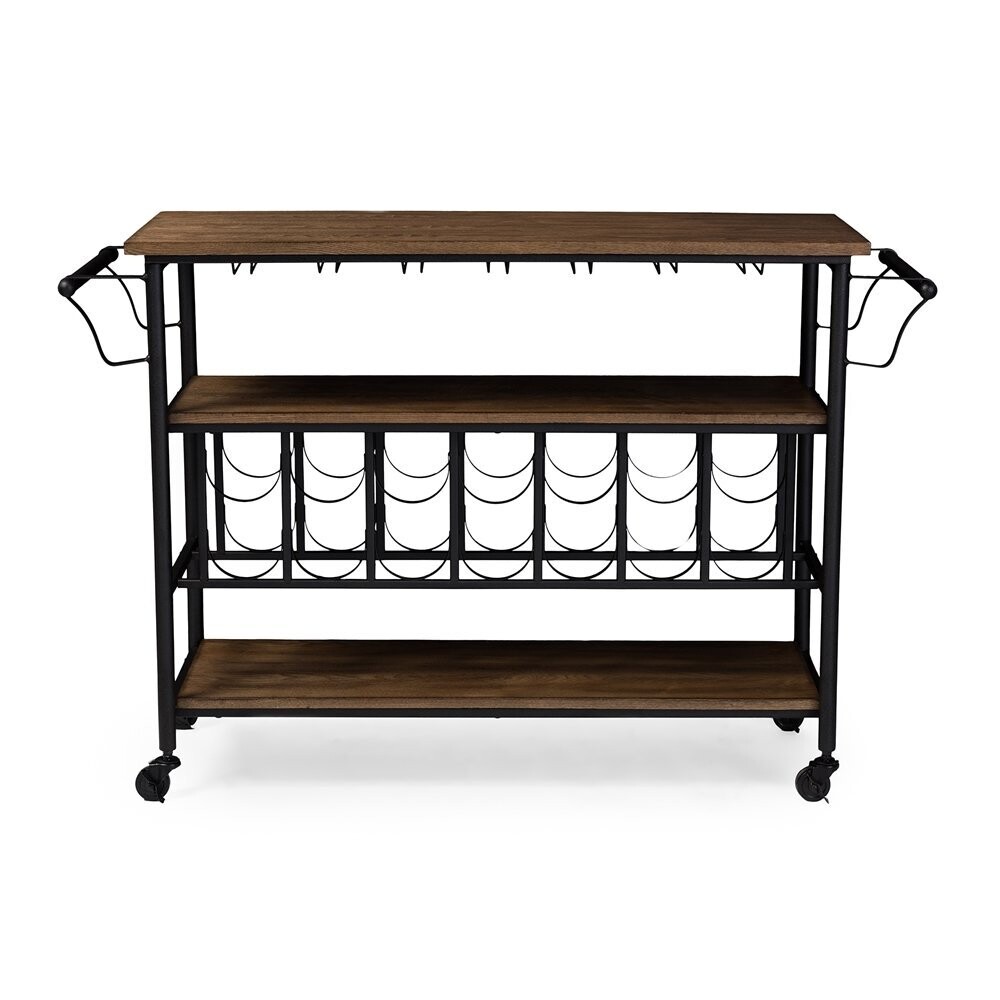 BAXTON STUDIO BRADFORD RUSTIC INDUSTRIAL STYLE ANTIQUE BLACK TEXTURED FINISH METAL DISTRESSED WOOD MOBILE KITCHEN BAR SERVING WINE CART