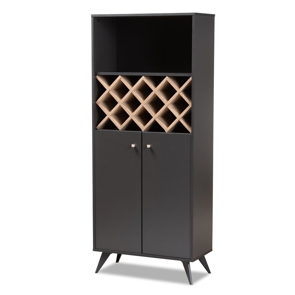 BAXTON STUDIO SERAFINO MID-CENTURY MODERN DARK GREY AND OAK FINISHED WOOD WINE CABINET