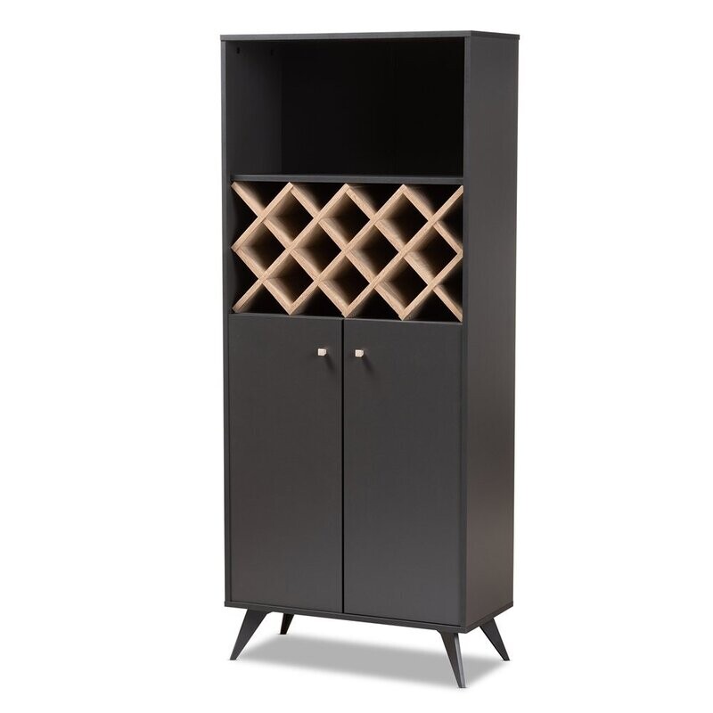 BAXTON STUDIO SERAFINO MID-CENTURY MODERN DARK GREY AND OAK FINISHED WOOD WINE CABINET