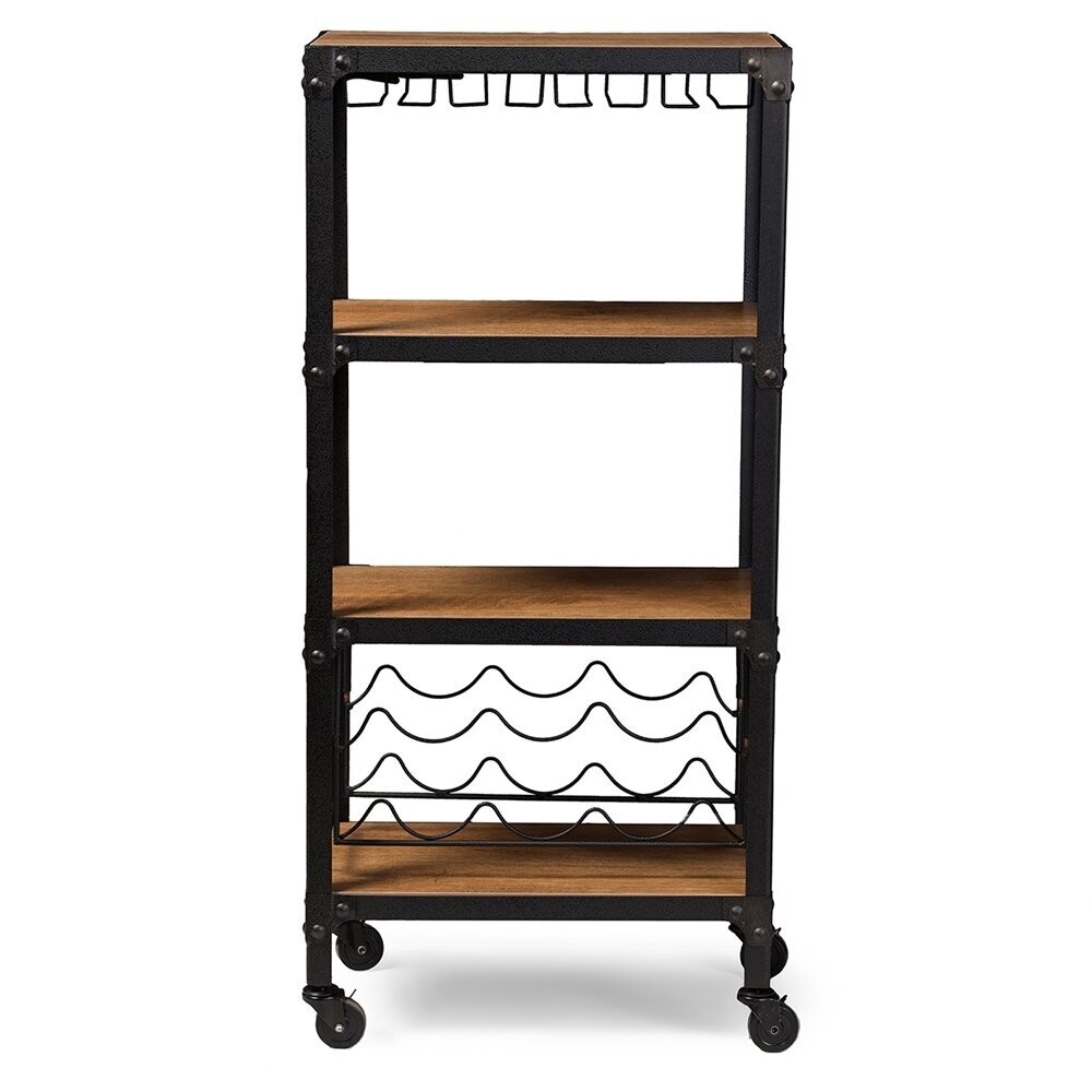 BAXTON STUDIO SWANSON RUSTIC INDUSTRIAL STYLE ANTIQUE BLACK TEXTURED FINISH METAL DISTRESSED WOOD MOBILE KITCHEN BAR WINE STORAGE SHELF