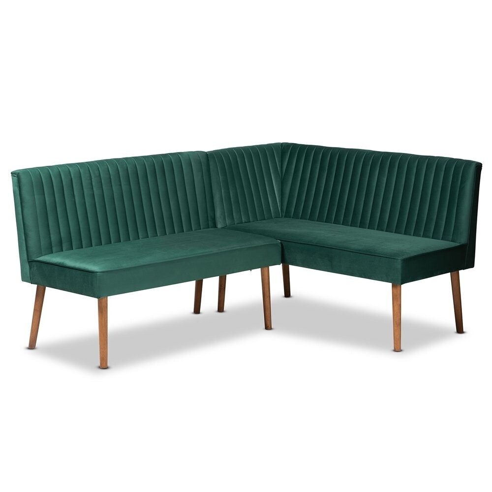 BAXTON STUDIO ALVIS MID-CENTURY MODERN EMERALD GREEN VELVET UPHOLSTERED AND WALNUT BROWN FINISHED WOOD 2-PIECE DINING NOOK BANQUETTE SET