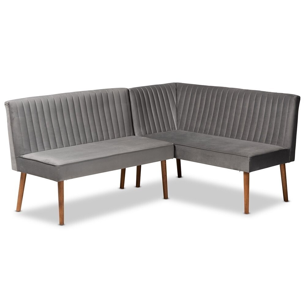 BAXTON STUDIO ALVIS MID-CENTURY MODERN GREY VELVET UPHOLSTERED AND WALNUT BROWN FINISHED WOOD 2-PIECE DINING NOOK BANQUETTE SET