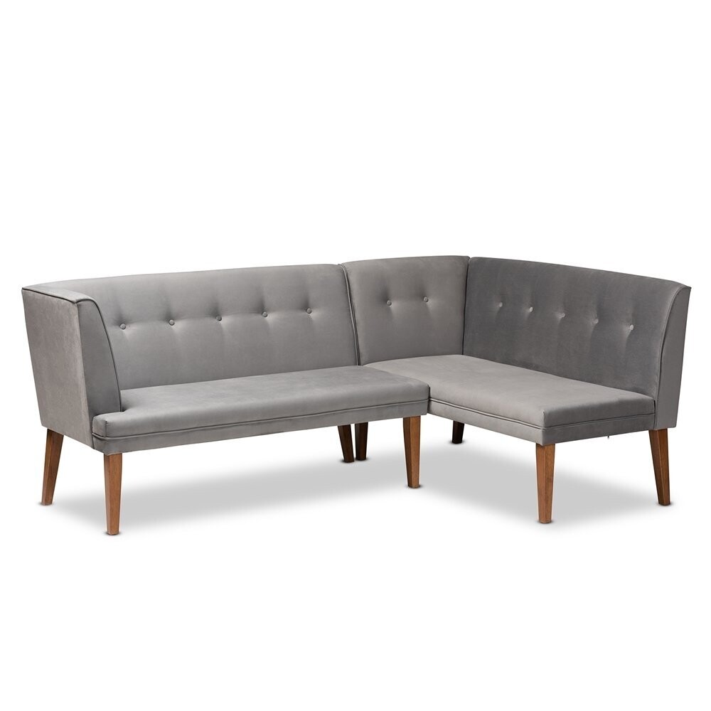 BAXTON STUDIO STEWART MID-CENTURY MODERN GREY VELVET UPHOLSTERED AND WALNUT BROWN FINISHED WOOD 2-PIECE DINING NOOK BANQUETTE SET