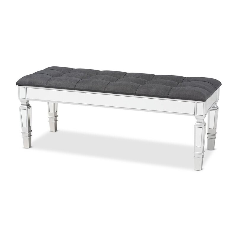 BAXTON STUDIO HEDIA CONTEMPORARY GLAM AND LUXE GREY FABRIC UPHOLSTERED AND SILVER FINISHED WOOD ACCENT BENCH