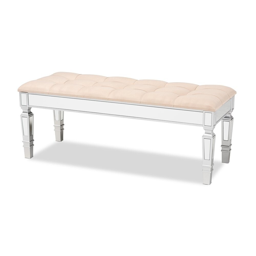 BAXTON STUDIO HEDIA CONTEMPORARY GLAM AND LUXE BEIGE FABRIC UPHOLSTERED AND SILVER FINISHED WOOD ACCENT BENCH