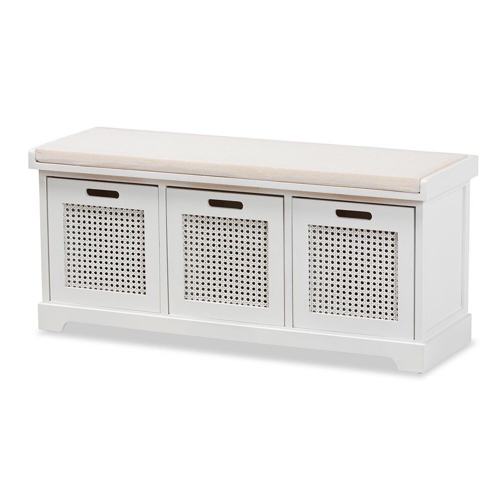 BAXTON STUDIO TABOR MODERN AND CONTEMPORARY BEIGE FABRIC UPHOLSTERED AND WHITE FINISHED WOOD 3-BASKET STORAGE BENCH WITH RATTAN ACCENT