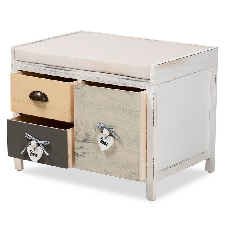 BAXTON STUDIO JACOBY MODERN TRANSITIONAL BEIGE FABRIC UPHOLSTERED AND MULTI-COLORED WOOD 3-DRAWER STORAGE BENCH