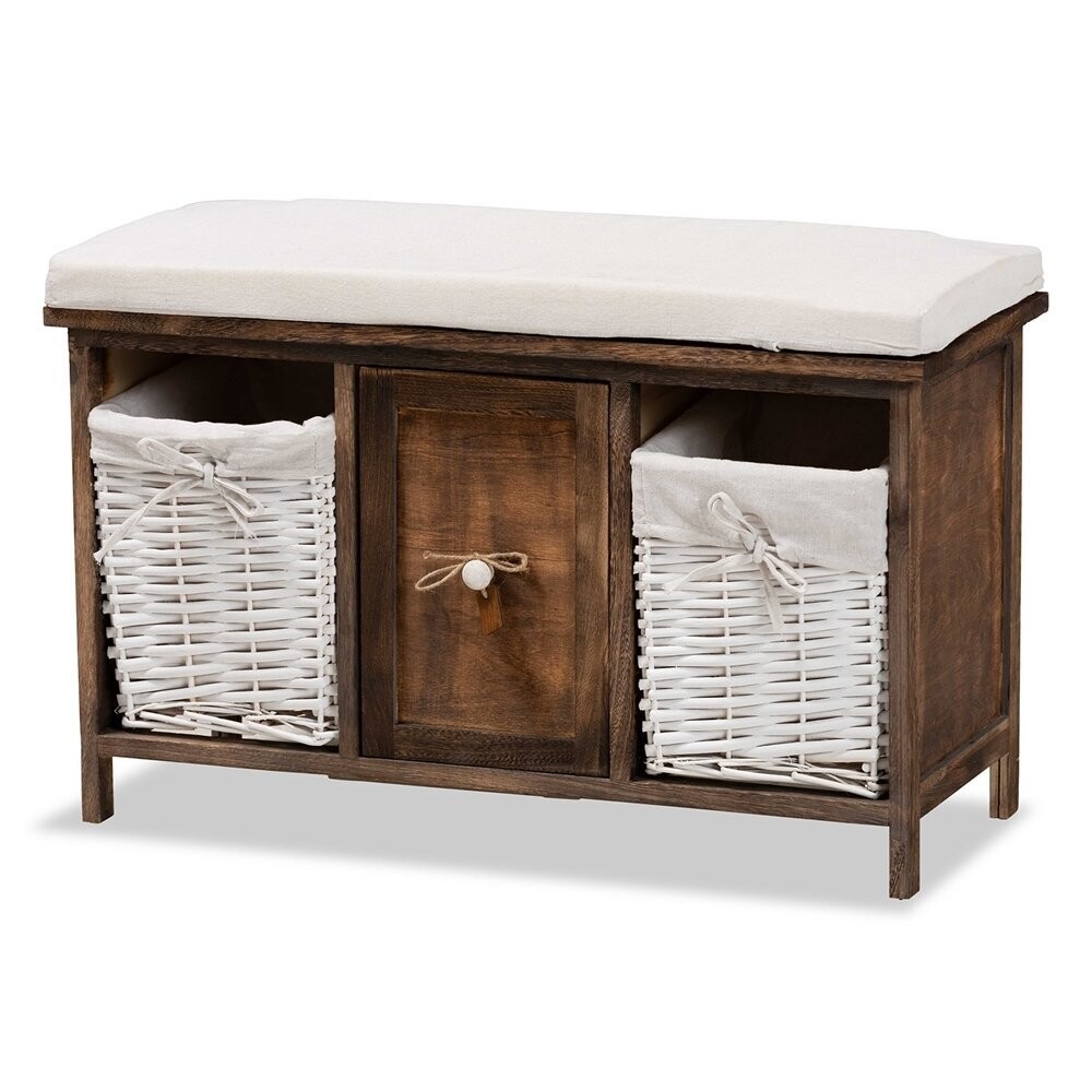 BAXTON STUDIO DALIUS MID-CENTURY MODERN TRANSITIONAL WHITE FABRIC UPHOLSTERED AND WALNUT BROWN FINISHED WOOD 1-DRAWER STORAGE BENCH WITH BASKETS