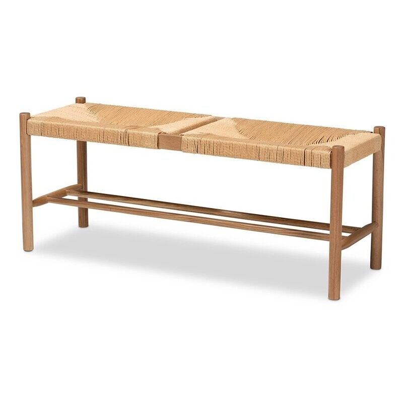 BAXTON STUDIO SAURA MID-CENTURY MODERN OAK BROWN FINISHED WOOD AND HEMP DINING BENCH