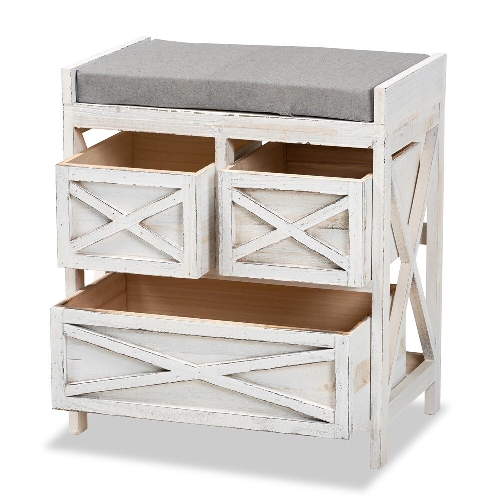 BAXTON STUDIO PARRA MODERN FARMHOUSE GREY FABRIC UPHOLSTERED AND WHITEWASHED WOOD 3-DRAWER STORAGE BENCH