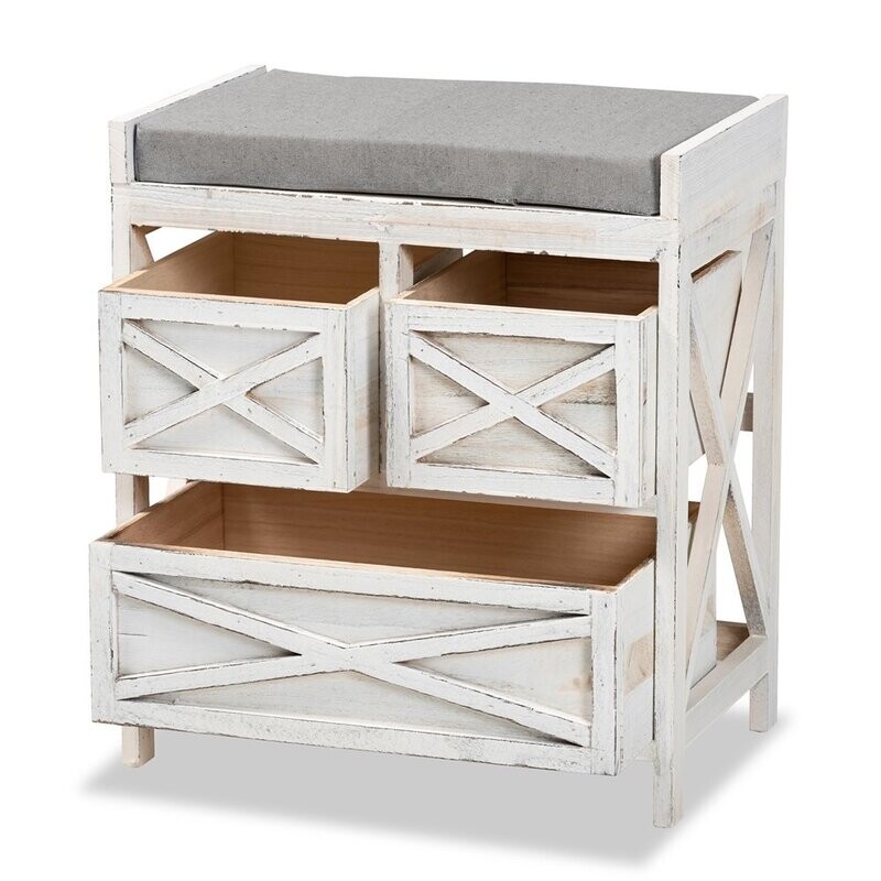 BAXTON STUDIO PARRA MODERN FARMHOUSE GREY FABRIC UPHOLSTERED AND WHITEWASHED WOOD 3-DRAWER STORAGE BENCH