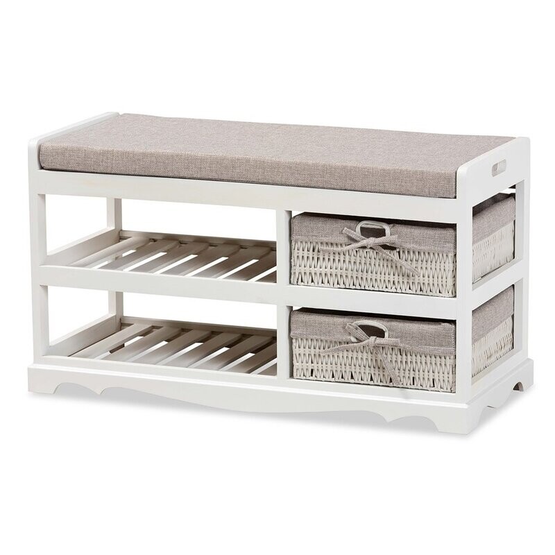 BAXTON STUDIO DALAIR MODERN AND CONTEMPORARY GREY FABRIC UPHOLSTERED AND WHITE FINISHED WOOD STORAGE BENCH WITH BASKETS