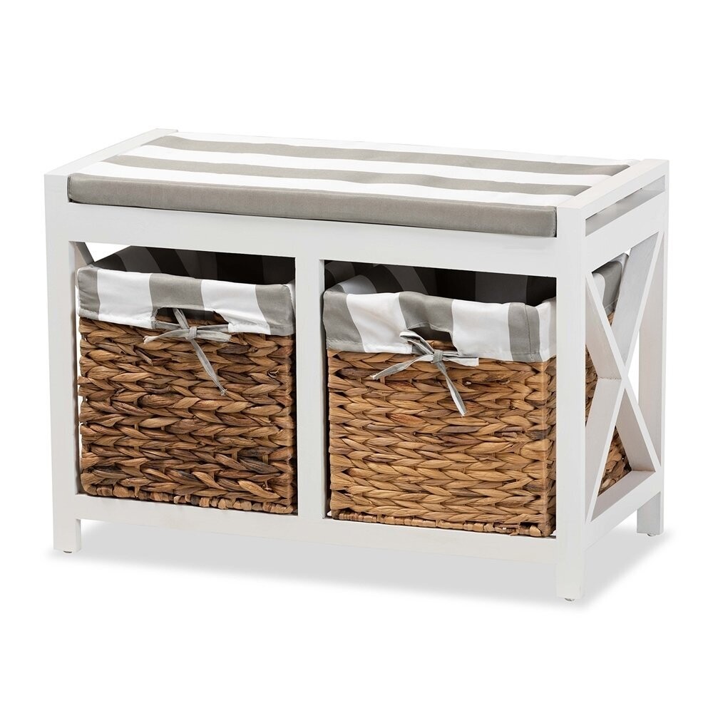 BAXTON STUDIO ABARNE MODERN AND CONTEMPORARY GREY AND WHITE FABRIC UPHOLSTERED AND WHITE FINISHED WOOD STORAGE BENCH WITH BASKETS