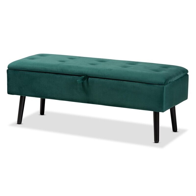 BAXTON STUDIO CAINE MODERN AND CONTEMPORARY GREEN VELVET FABRIC UPHOLSTERED AND DARK BROWN FINISHED WOOD STORAGE BENCH