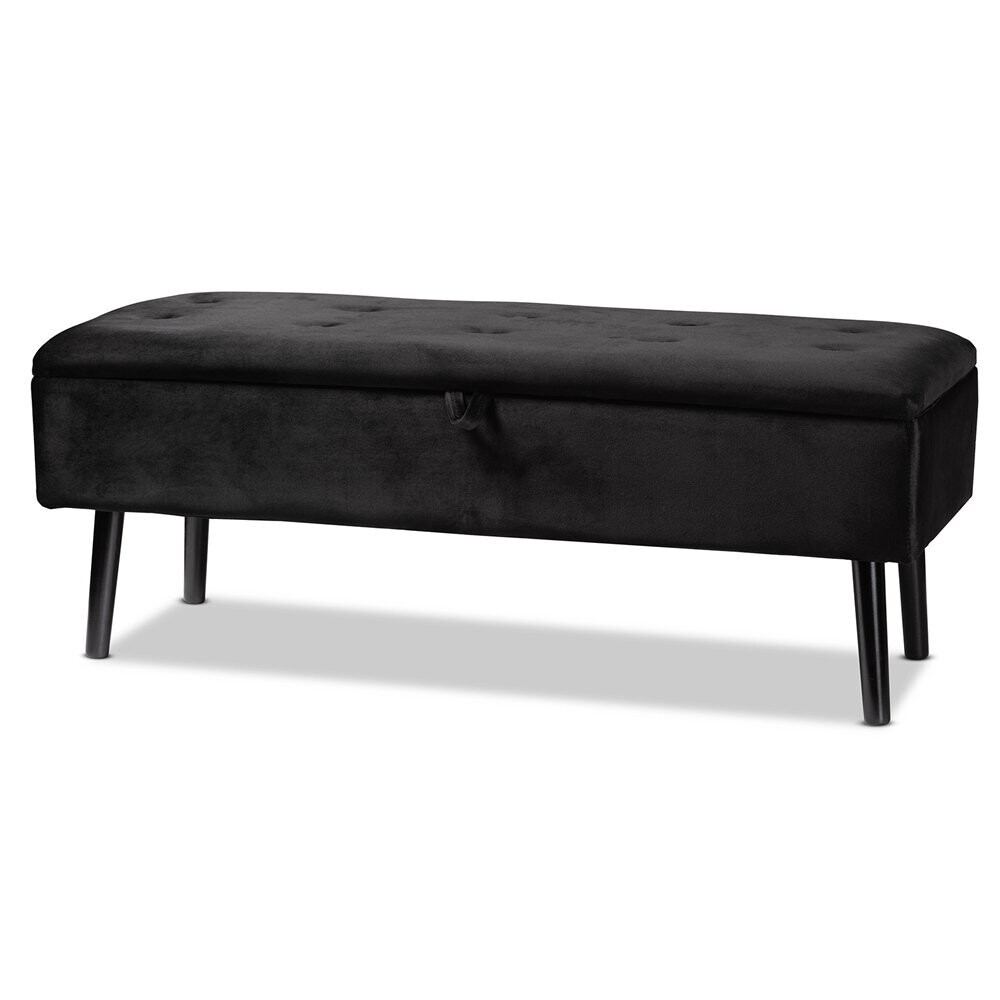 BAXTON STUDIO CAINE MODERN AND CONTEMPORARY BLACK VELVET FABRIC UPHOLSTERED AND DARK BROWN FINISHED WOOD STORAGE BENCH