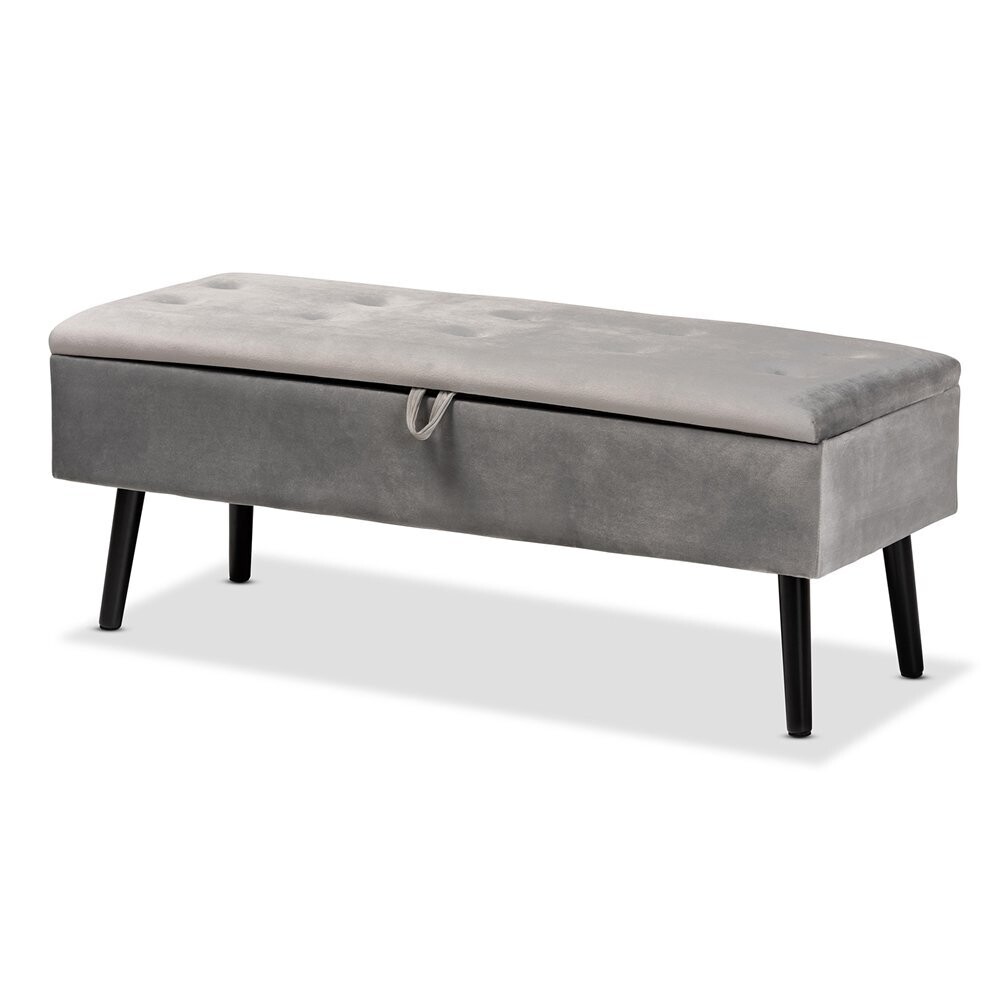BAXTON STUDIO CAINE MODERN AND CONTEMPORARY GREY VELVET FABRIC UPHOLSTERED AND DARK BROWN FINISHED WOOD STORAGE BENCH