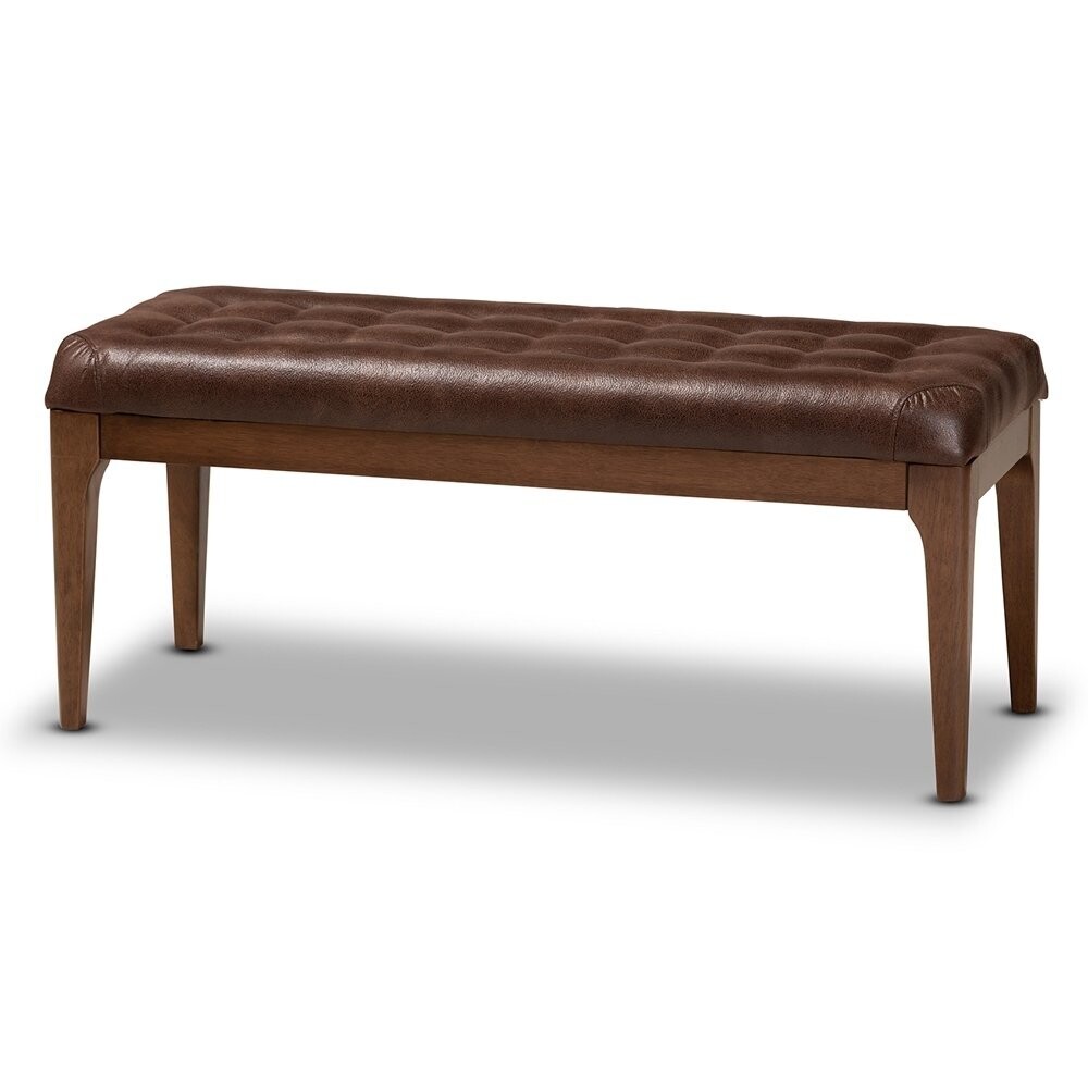 BAXTON STUDIO WALSH MID-CENTURY MODERN DARK BROWN LEATHER-EFFECT POLYESTER FABRIC UPHOLSTERED AND WALNUT BROWN FINISHED WOOD DINING BENCH