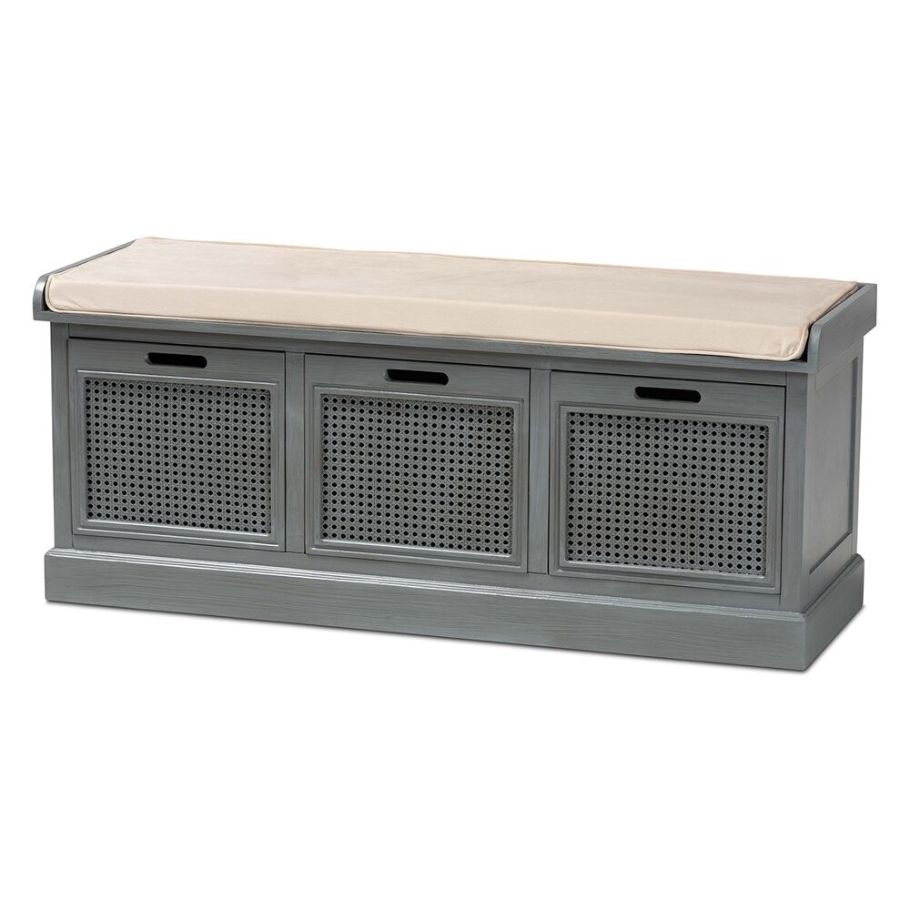 BAXTON STUDIO SHELDON MODERN AND CONTEMPORARY VINTAGE BEIGE FABRIC UPHOLSTERED GREY FINISHED WOOD AND SYNTHETIC RATTAN 3-DRAWER ENTRYWAY SHOE STORAGE BENCH