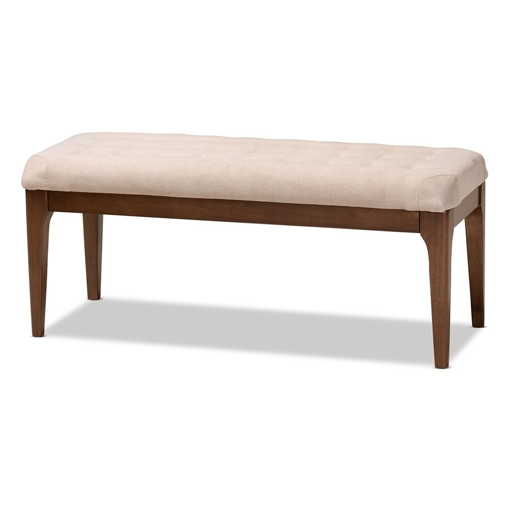 BAXTON STUDIO WALSH MID-CENTURY MODERN BEIGE FABRIC UPHOLSTERED AND WALNUT BROWN FINISHED WOOD DINING BENCH